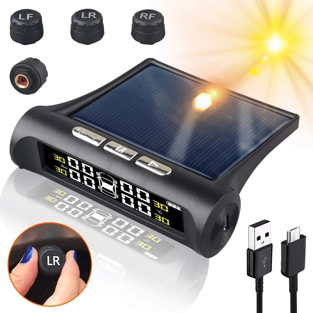 Sistema de Monitoreo de Presión de Neumáticos de Coche, 6 Modos de Alarma Inalámbrico Inteligente Monitor de Neumáticos con Carga Solar y USB, Alertas de Presión y Temperatura en Tiempo Real