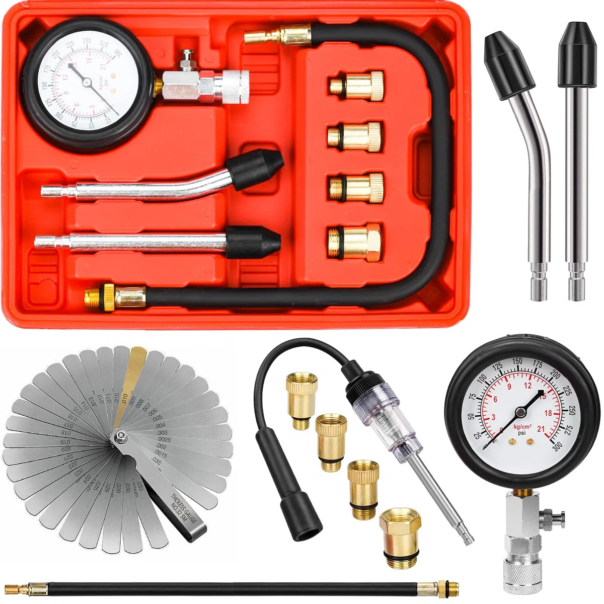 Comprobador de Compresión para Motores de Gasolina Compresor Probador 0-20 Bar - 0-300 PSI con Comprobador de Bujías Calibre de Espesores y 4 Adaptación M10 M12 M14 M18