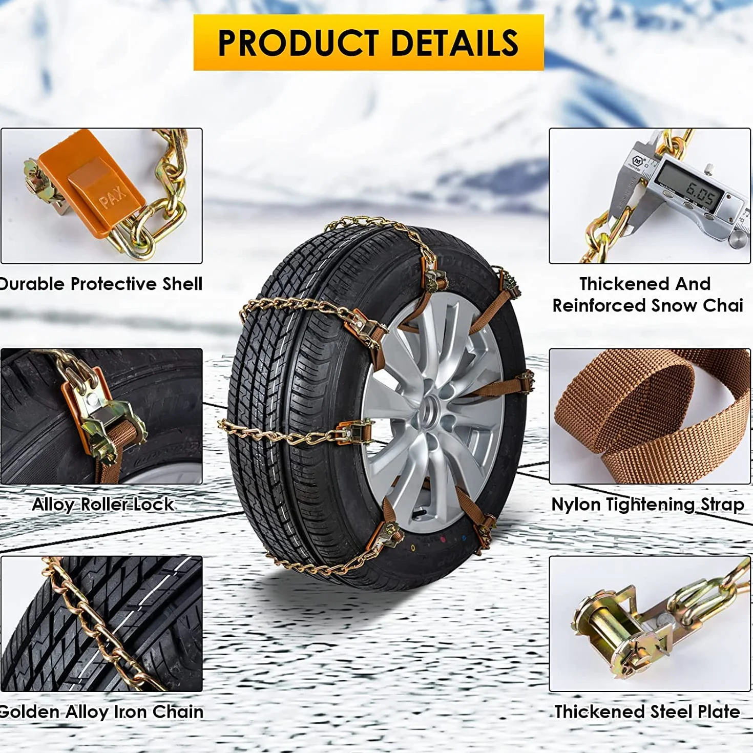 Cadenas de nieve 8 piezas Cadenas ajustables antideslizantes con pala de nieve de plástico y guantes Fácil de instalar Cadena de nieve duradera para neumáticos para automóvil, SUV