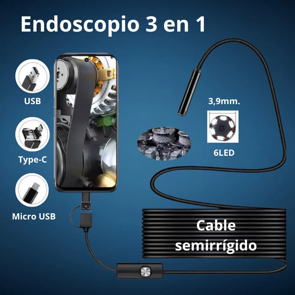 Endoscopio para Móvil, Cámara Endoscópica para Móvil HD 720P Ø3,9 mm, Cable Semirrígido 1,5 m, 6 LED, IP67, Cámara de Inspección para Android, Tablet y PC, Bricolaje y Uso Profesional