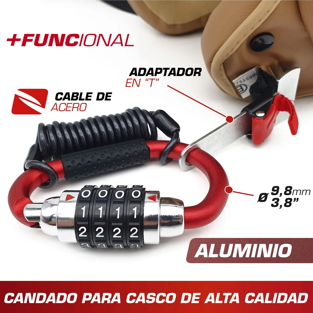 RADIKAL RK540R Candado Casco Moto, Mosqueton Multifuncion con Código 4 Digitos Más Seguro, Adaptador T, Cable Seguridad Acero Trenzado, Accesorio Antirrobo Universal para Casco Moto Bicicleta Chaqueta