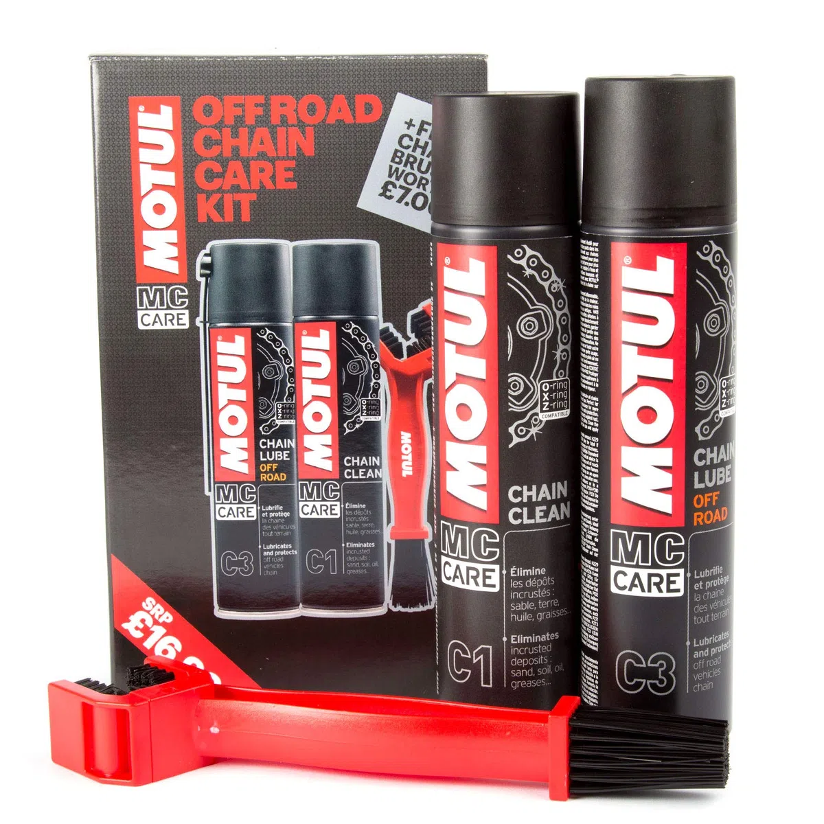 Kit de limpieza y lubricante de cadena Motul Chain Care + Cepillo para motocicletas todoterreno