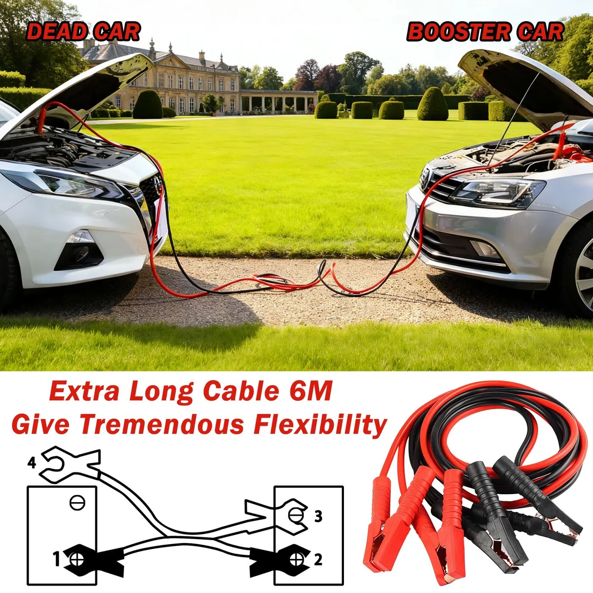 Herbst Cable de arranque para coche, 6 m, 3000 A, 16 mm², para coches y camiones