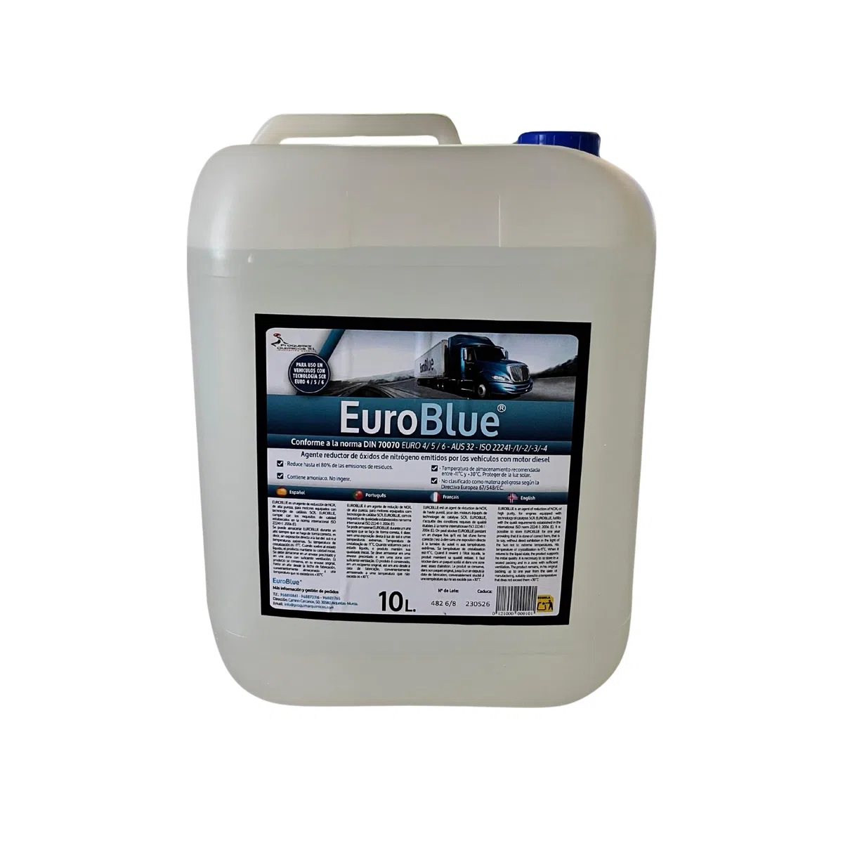 Proquimar EuroBlue | Adblue con Aditivo Anticristalizante – Solución Urea 32,5% para Diésel SCR – con Cánula– Alta Pureza ISO 22241 – Varios Formatos (10 litros)