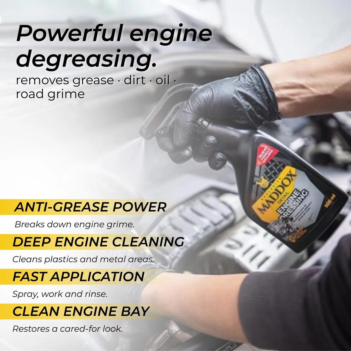 Maddox Detail - Limpia Motores e Hidratador de Plásticos para Coche | Set Limpieza de Coche para limpiar y cuidar tu motor | Hidratador de Gomas para Coche | Limpia Motor | Engine Care Kit 2x500ml