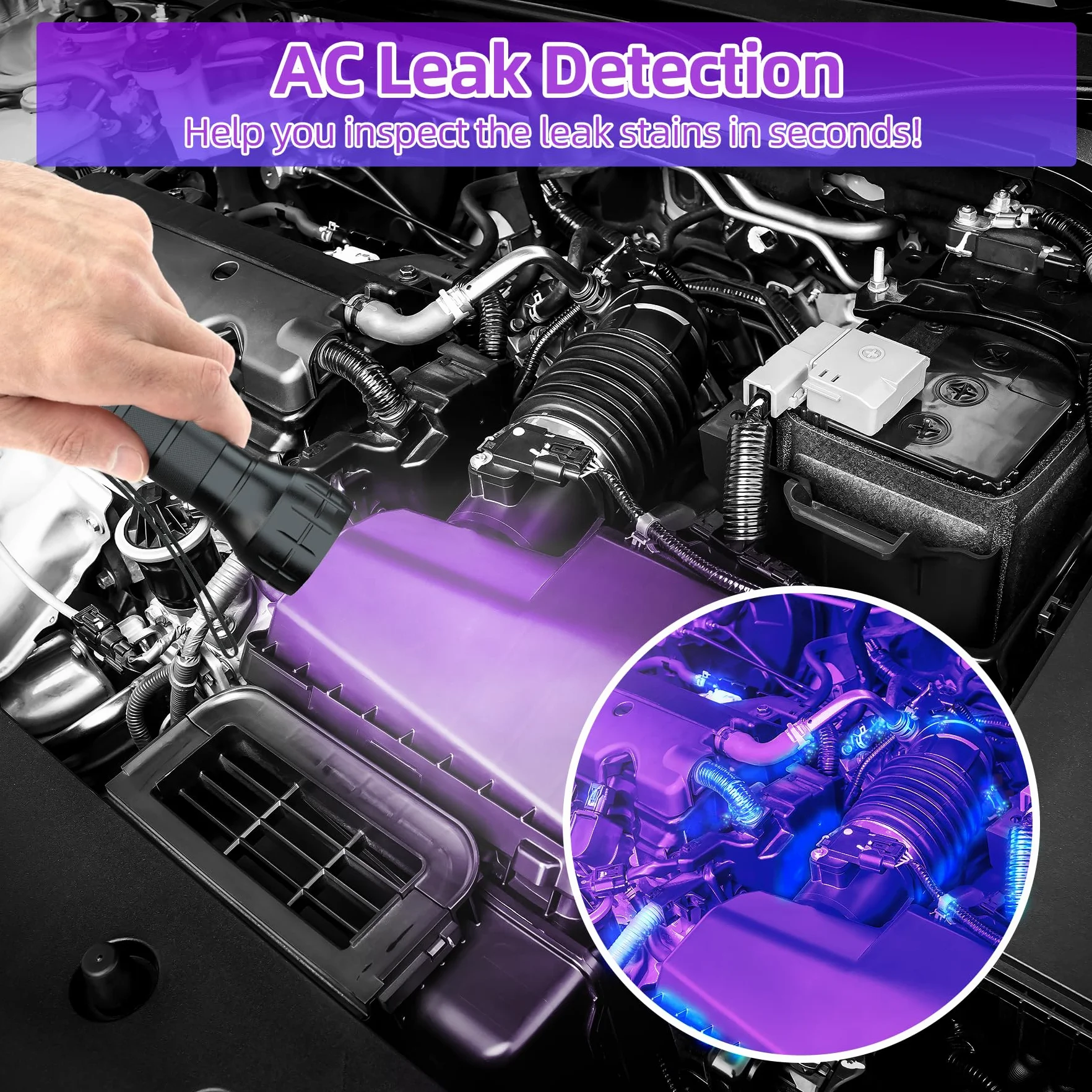 COSOOS Herramienta de detección de Fugas de Aire Acondicionado, Kit de Detector de Fugas de CA, luz UV para detección de Fugas de Tinte UV CA, Detector de Fugas de Tinte de Aceite con Gafas