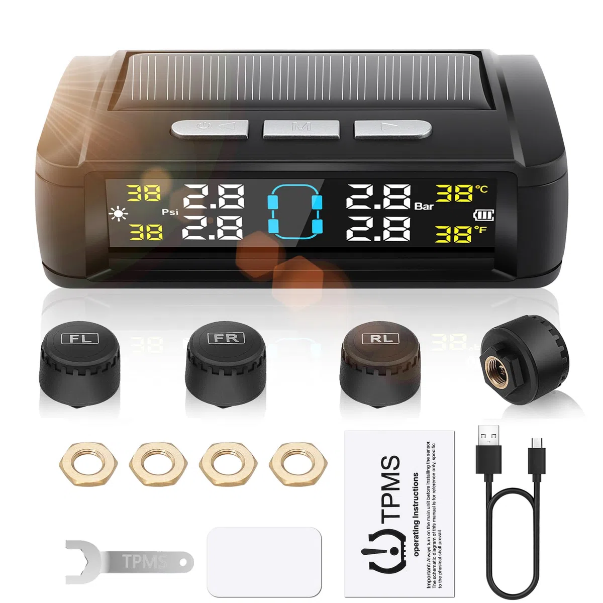 Geloo TPMS Sistema de Control de Presión de Neumáticos Solar con 4 Monitor Presion Neumaticos Impermeables IPX7, 0-5 Bar/0-87Psi 6 Funciones de Alarma para RV, Camión, Furgoneta, SUV