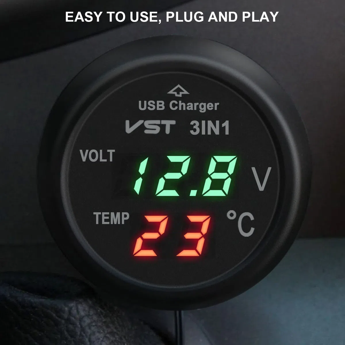 Cargador USB 3 en 1 para coche, voltímetro de coche, termómetro con pantalla digital LCD, medidor de temperatura, medidor de voltaje, SUV, autobuses