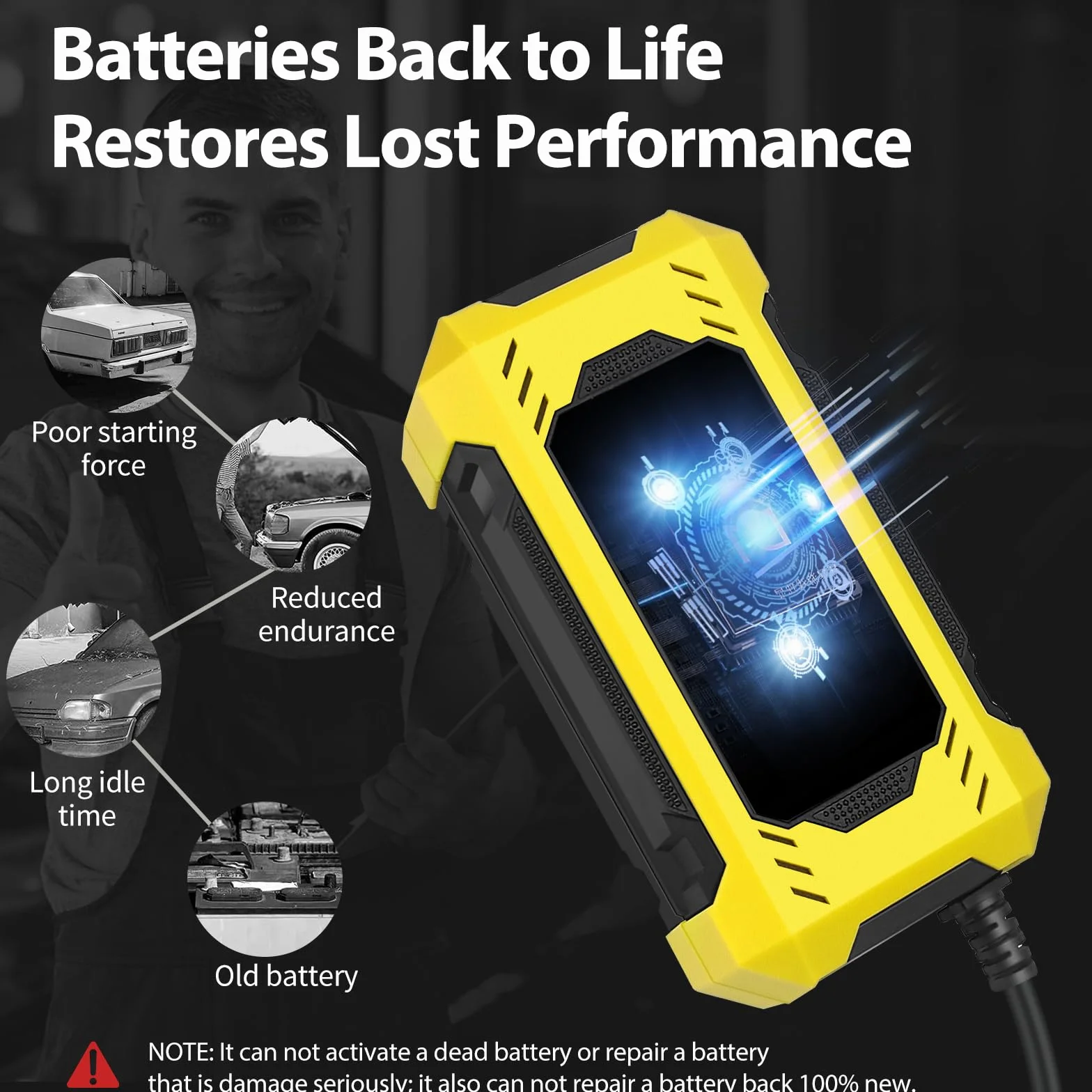 Cargador Baterias Coches Moto 12V 6A Inteligente Completamente Automático con Pantalla Táctil LCD,Automática de Detección Reparación Mantenimiento y Múltiples Protecciones para Plomo-ácido/AGM/Gel