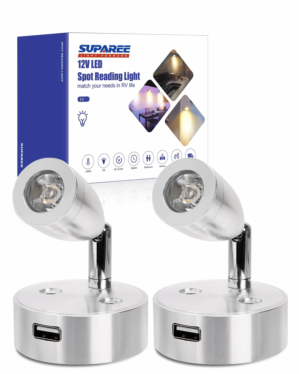 SUPAREE Luces Camper 12V Luz Lectura 12V USB Lampara LED Autocaravana Regulable 3200K con Puertos USB Interruptor Táctil para Furgoneta Caravana RV Van Barco 2 Piezas