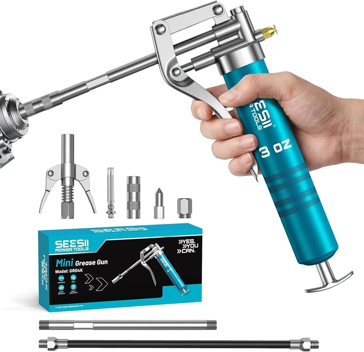Seesii Mini Engrasadora Manual 85g, 4000 PSI, Kit Pistola de Engrase con Manguera Flexible, 4 Acoplamientos y Tubo de Extensión, para Motocicletas, Automoción, Maquinaria Agrícola y Náutica