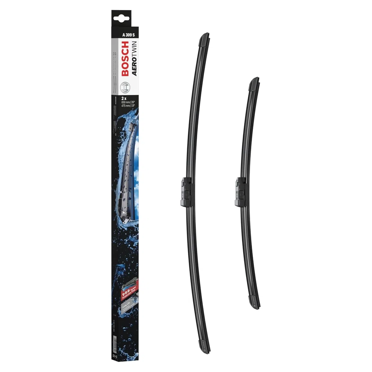 Bosch Aerotwin A309S Limpiaparabrisas Frontal - Set de Escobillas de Recambio para una Mayor Seguridad en la Conducción, con Adaptador Premontado, 65cm/47,5cm