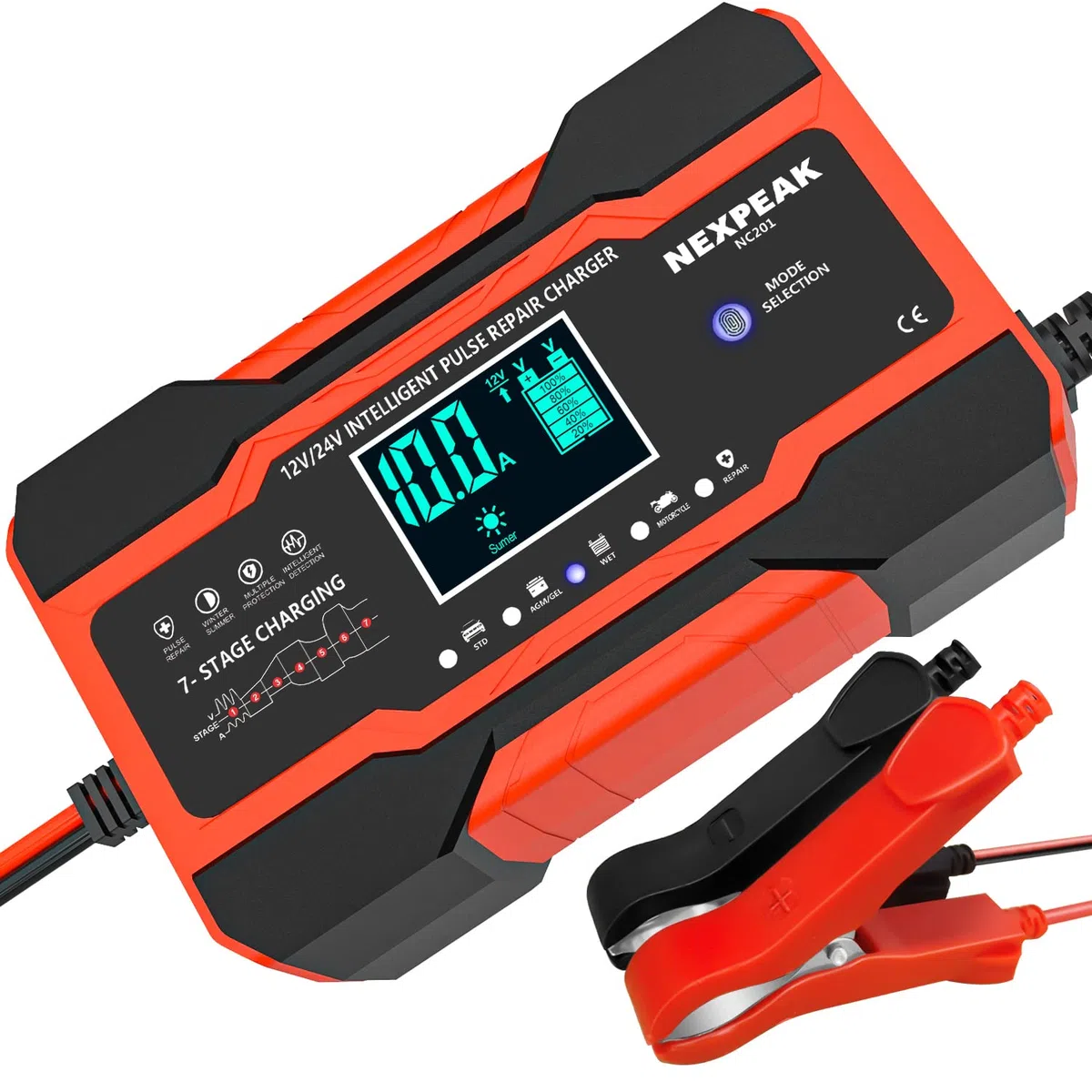 Cargador de batería Inteligente de 10A, Carga de batería de Coche, Cargador de batería portátil con Pantalla LCD Coche, Motocicleta, camión, AGM, Gel, Mojado, SLA (Rojo Intenso)
