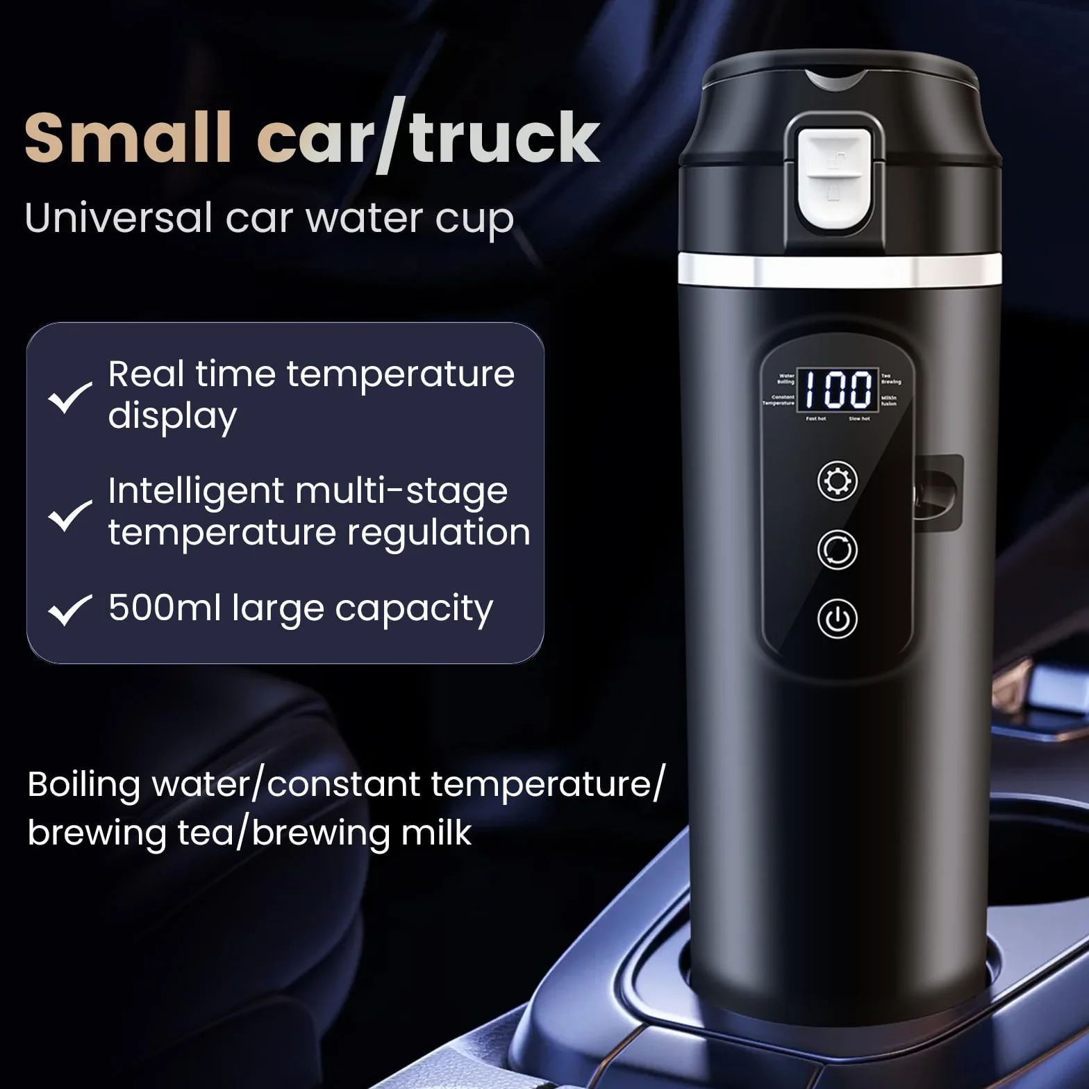 Hervidor de agua para coche, vaso calefactor de 500 ml, hervidor de agua de viaje, 12 V, mini café eléctrico de hasta 100 ℃, control de temperatura variable para camiones y camping