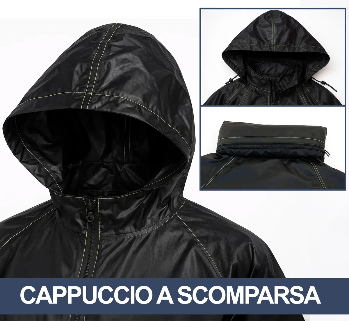 Auto Accessori Lupex Mono de moto, impermeable, resistente a la lluvia, cortaviento, negro, con bolsillo, completo con chaqueta y pantalón de lluvia con capucha retráctil, PVC, unisex para hombre y