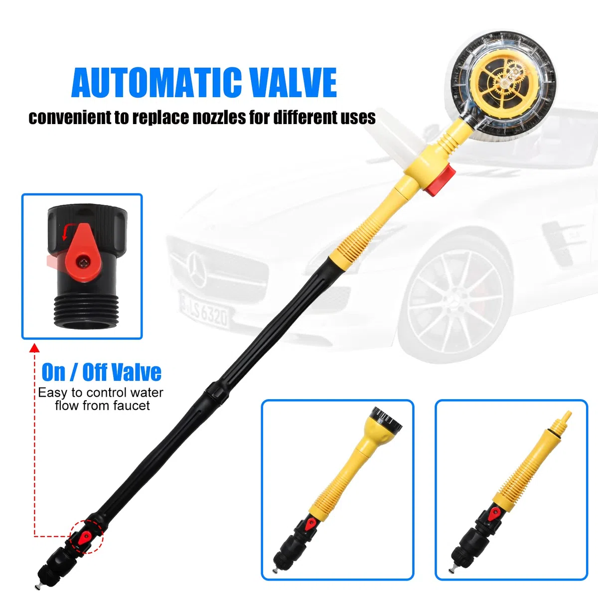 Cepillo Giratorio de Lavado de Coche con Mango Largo, Kit Cepillo de Limpieza de Coches con Espuma Automática, Pistola de Lavado a Presión y Boquilla de Manguera para Patios, Jardines, Mascotas