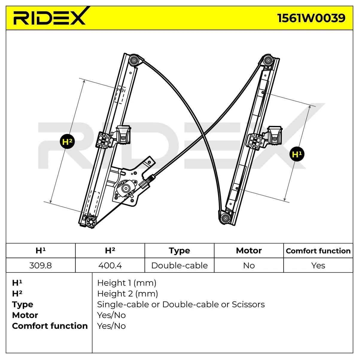 RIDEX 1561W0039 Elevalunas eléctrico Delante, Izquierda sin electromotor Compatible con FORD Mondeo Mk3 Familiar BWY
