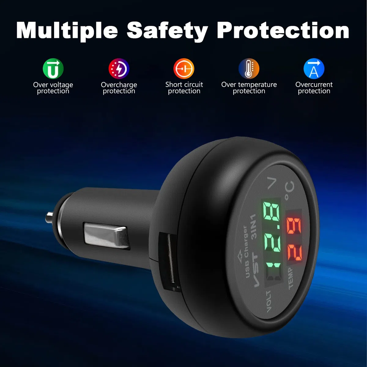 Cargador USB 3 en 1 para coche, voltímetro de coche, termómetro con pantalla digital LCD, medidor de temperatura, medidor de voltaje, SUV, autobuses