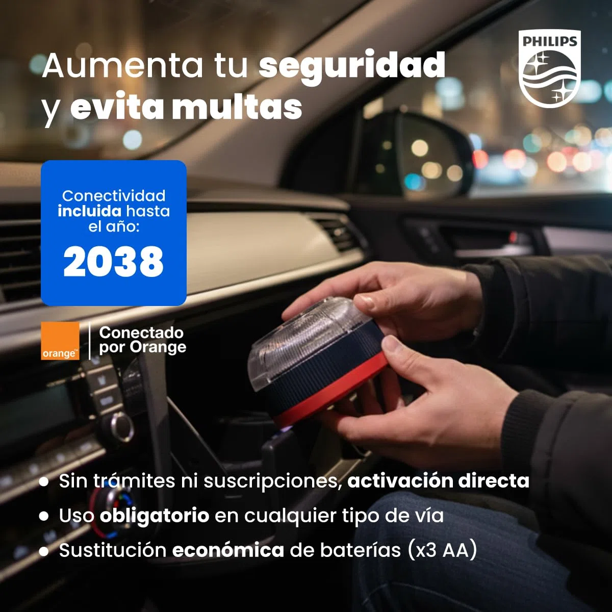Philips Baliza de Emergencia V16 con Geolocalización y Conexión DGT 3.0 – Homologada, Plan de Datos Incluido, Base Magnética, Alta Visibilidad 1km, Resistente Lluvia y Viento, Pilas AA inlcuidas