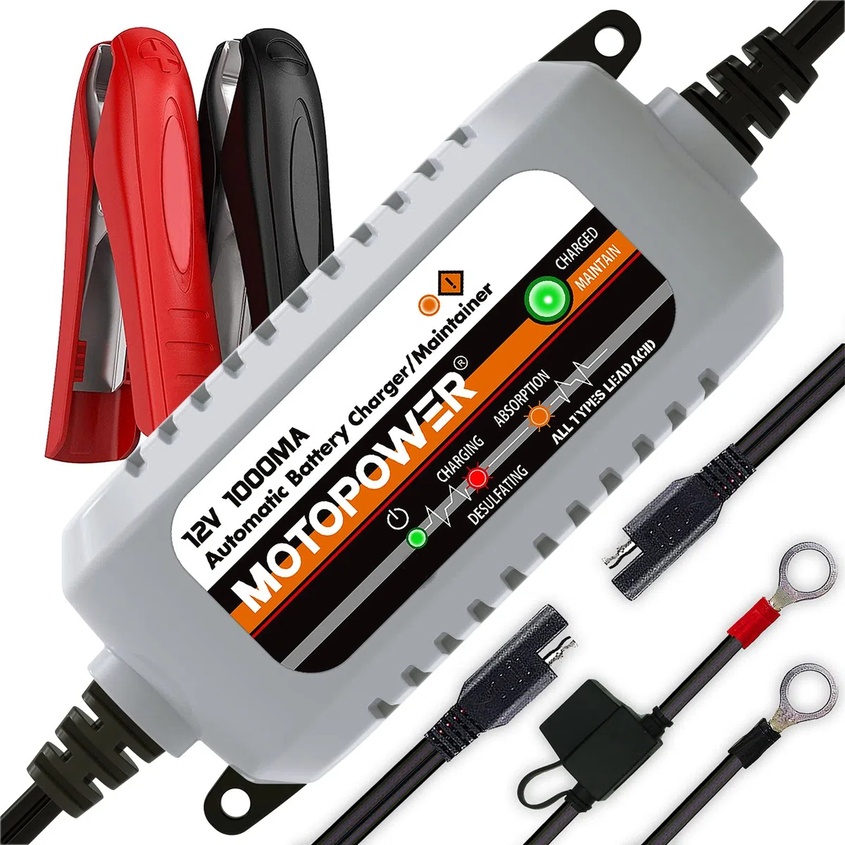MOTOPOWER MP00205B 12V 1000mA Mantenedor de Cargador de batería Completamente automático (a) - Gris
