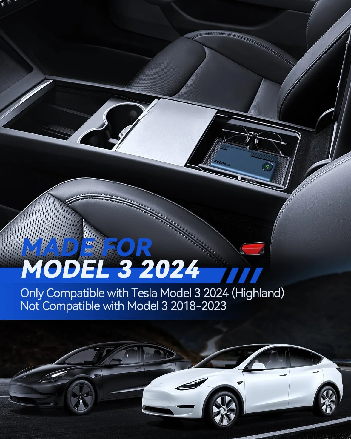 4 accesorios para Tesla Model 3 2024 organizador de consola central, bandeja organizadora de silicona, caja de almacenamiento para reposabrazos y caja oculta Tesla Model 3 2024 Highland