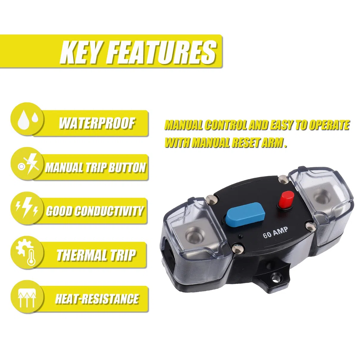 60A 12-48 v DC auto - recovery Breaker with Automatic RV Marine manual reset Button (60amp)