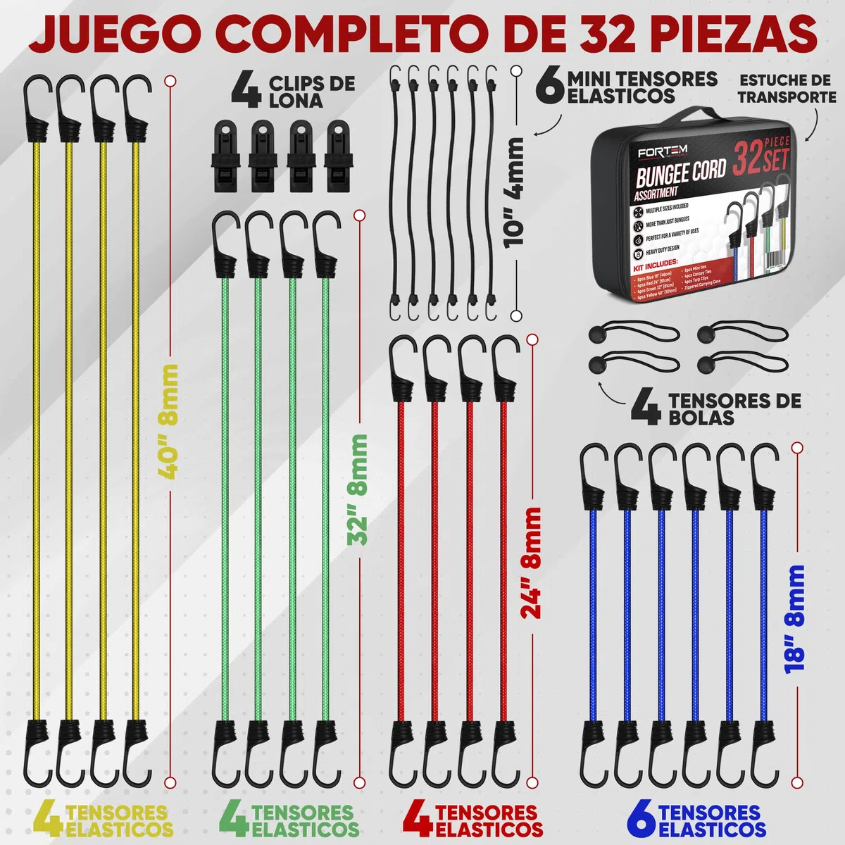 FORTEM Multipack Accesorios de Coche, 32 Piezas Muy Resistentes - Pulpos Elásticos con Gancho - Tensores de Lona - Cinchas de Amarre Elásticas con Bola - Ganchos de Metal plastificado
