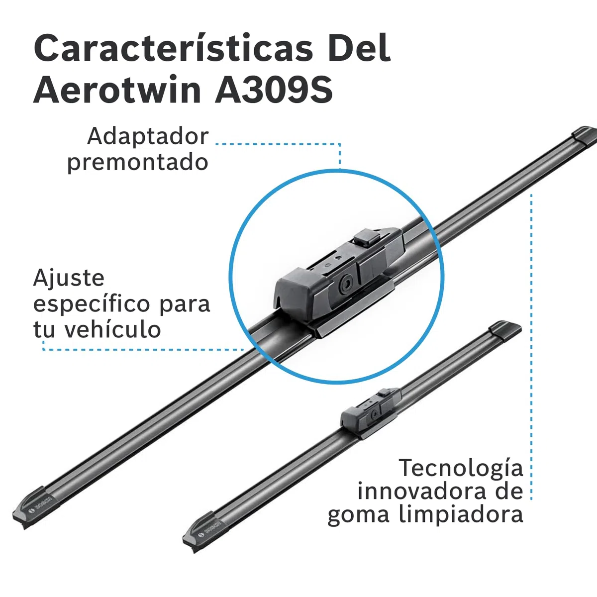 Bosch Aerotwin A309S Limpiaparabrisas Frontal - Set de Escobillas de Recambio para una Mayor Seguridad en la Conducción, con Adaptador Premontado, 65cm/47,5cm