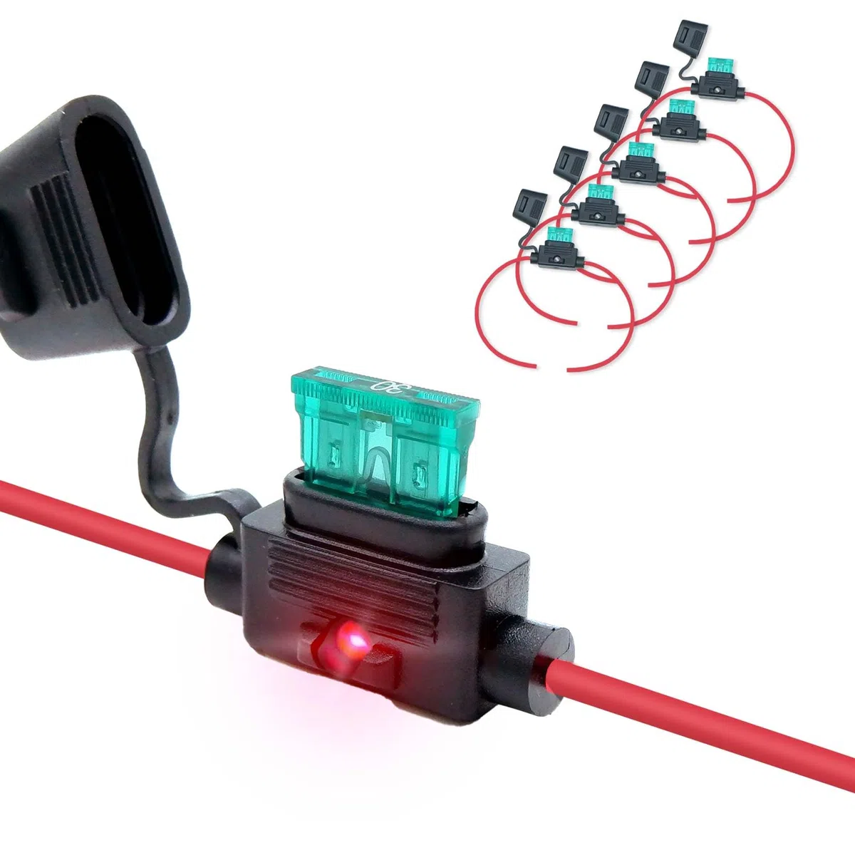 Portafusible LED en línea/aéreo impermeable/estanco IP67 para fusibles ATO/ATC de cuchilla, 12V-32V DC, hasta 30A, cable 12 AWG – Para coche, barco, moto, camper y sistemas solares – Pack 5