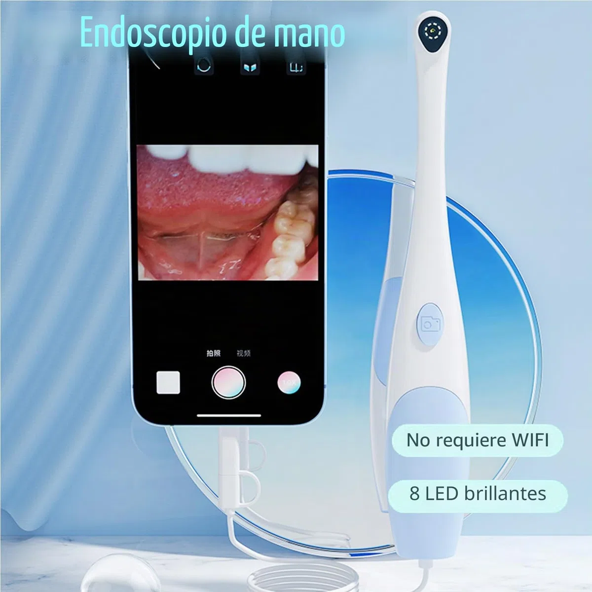 Endoscopio, cámara Oral HD 1920P, vídeo de inspección de Dientes de Animales, cámara intraoral con 8 Luces LED Ajustables, Compatible con Android e iOS, iPhone, (For USB-C and Lightning)