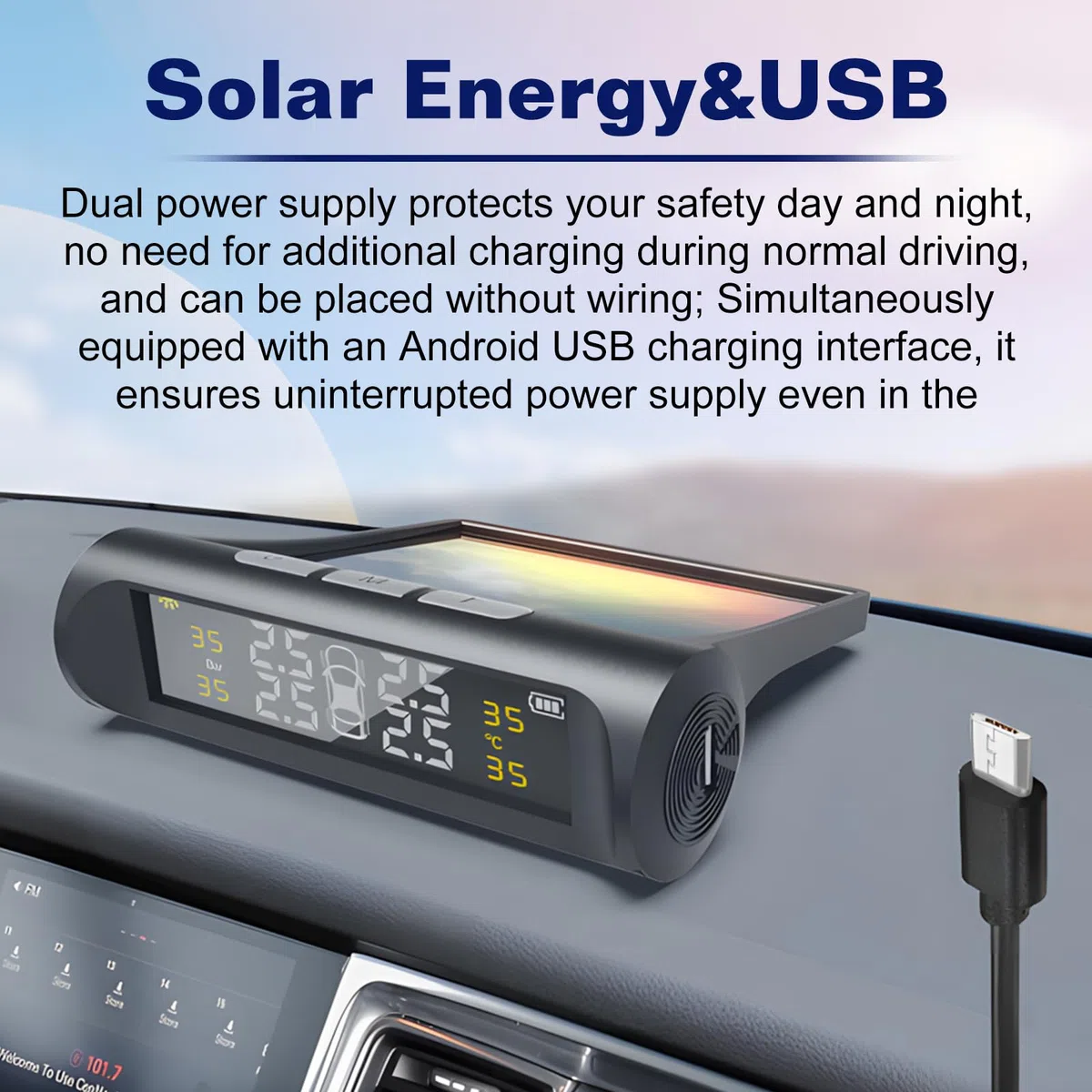 BAIFULAI TPMS Sistema de control de presión de neumáticos: IPX7 resistente al agua, sistema de control de presión de neumáticos con 4 sensores exteriores, digital alimentado por energía solar, mini