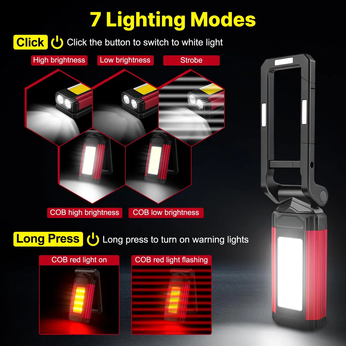 Luz de Trabajo LED, Linterna Taller, Lámparas de inspección Recargable, Base Magnética, 7 Modos Trabajo, Soporte Giratorio Gancho Plegable, para Reparación de Automóviles, Taller, Camping, 2 Piezas