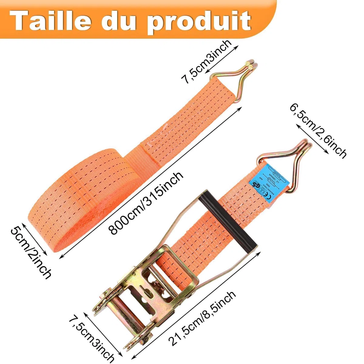 ASelected Pack de 2 Cinchas de Amarre 5 cm X 8 m, Correas de Amarre con Trinquete 3000 kg en Poliéster Naranja, Eslingas de Amarres con Gancho para Remolque, Moto, Coche y Carga