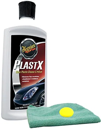 Meguiar's PlastX - Limpiador y esmalte de plástico transparente (10 onzas) con paño de microfibra y almohadilla de espuma (3 artículos)