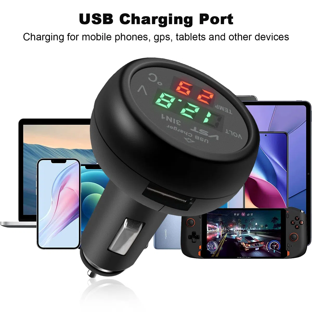 Cargador USB 3 en 1 para coche, voltímetro de coche, termómetro con pantalla digital LCD, medidor de temperatura, medidor de voltaje, SUV, autobuses
