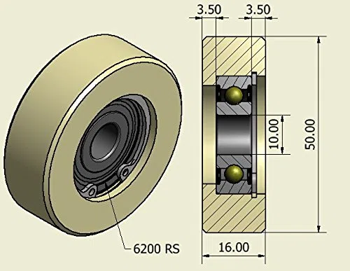 Juego de 4 rodillos de nailon mecanizado de 50 mm de diámetro, fabricadas en la UE, 16mm wide-10mm bearing, 4