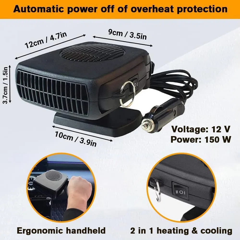Leaflai Calefacción para coche, 12 V, kit de descongelación para coche, portátil, antiempañamiento, 2 en 1, calefacción/refrigeración, descongelador, que se conecta al encendedor de cigarrillos de