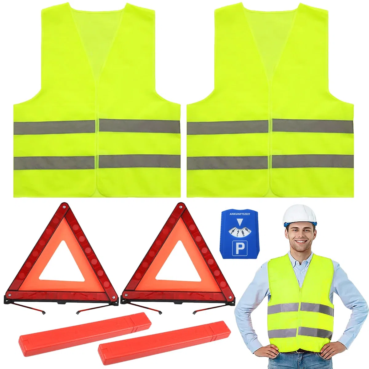2 Piezas Chaleco Reflectante, 2 Piezas Triangulos Coche Homologados y un Señal de Estacionamiento Temporal de Automóviles, Kit de Seguridad para el Tráfico de Automóviles
