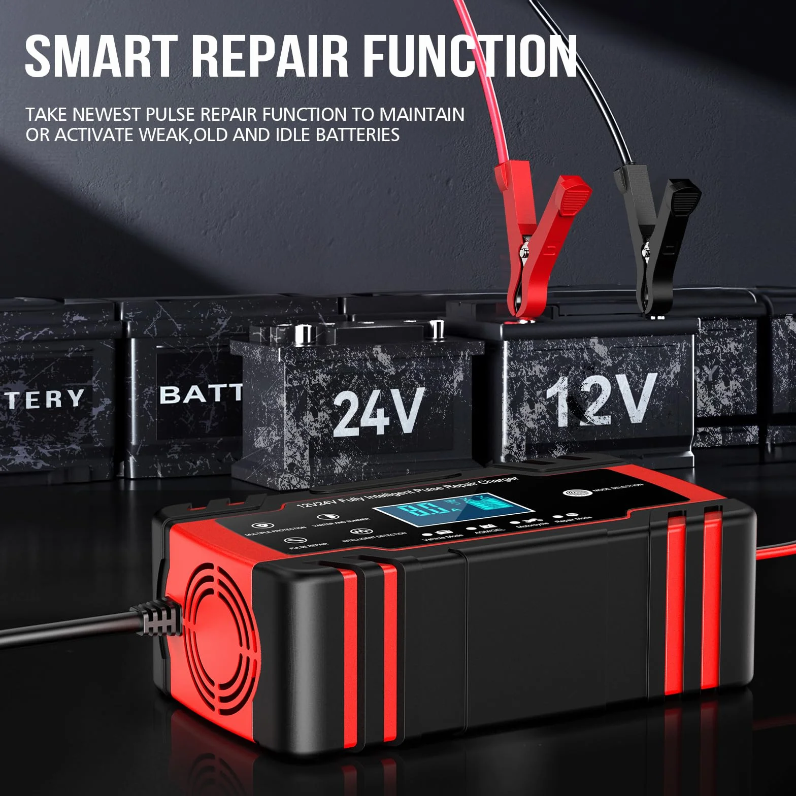 8A 12V/4A 24V Cargador de Batería de Coche,Cargador de Batería Inteligente para Moto con Función de Reparación,Múltiples Protecciones,para Auto, Moto,Camión,AGM,Gel,Wet, SLA