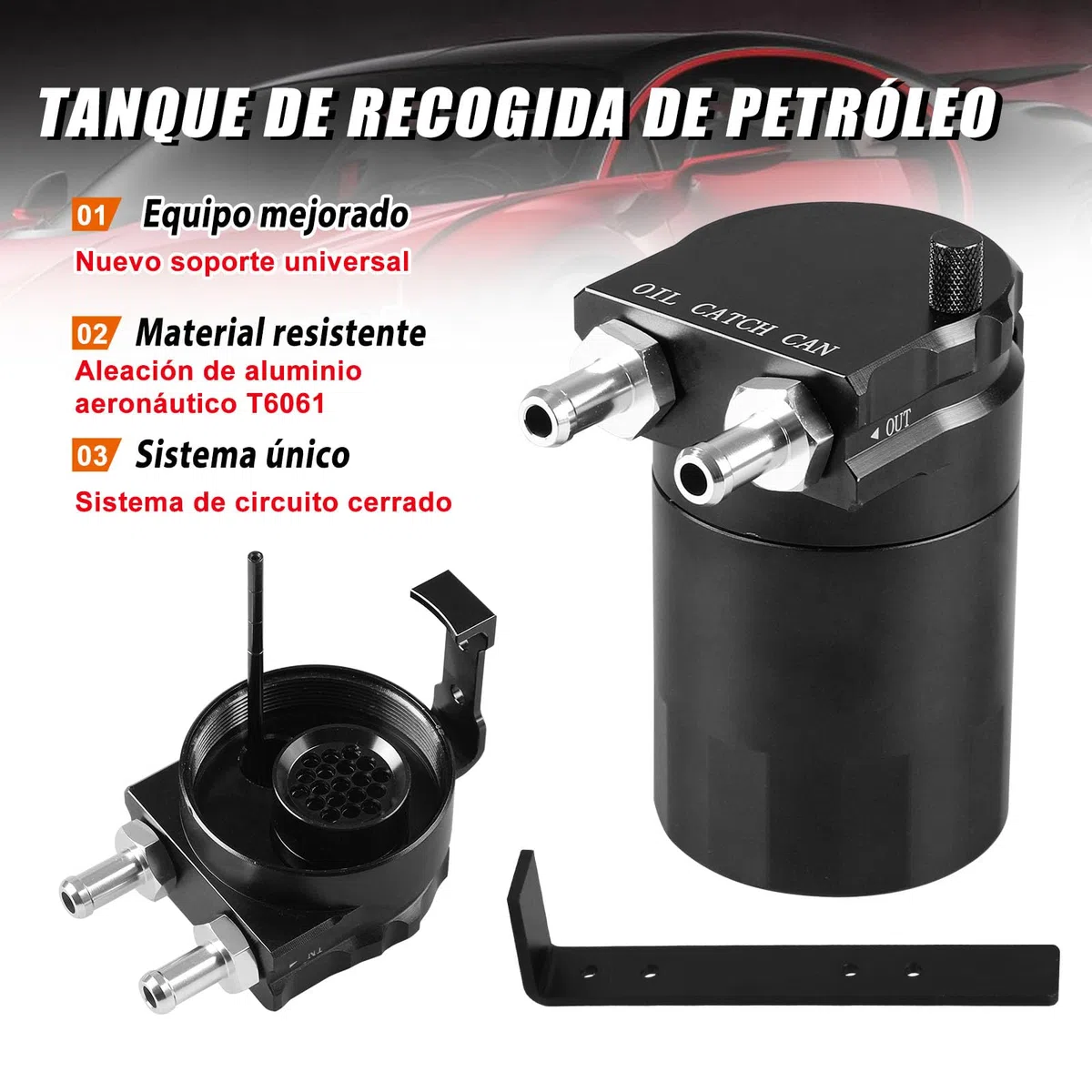 Kit de Captura de Aceite Universal, Depósito Negro de 300ml con Filtro, Manguera Trenzada y Accesorios de Instalación (024c-bk)