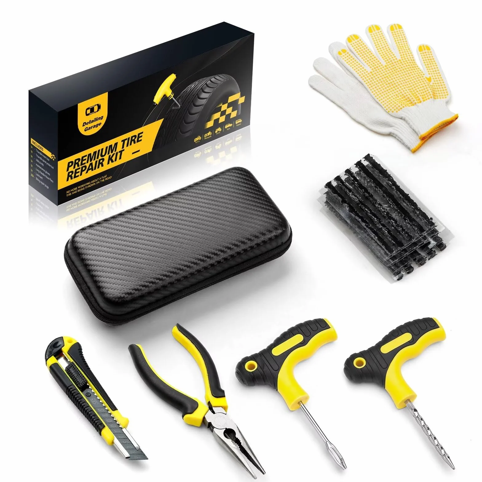 Kit de reparación de neumáticos – 27 piezas – Kit de parche y tapón para pinchazos con estuche, kit de parche de neumáticos portátil con sellador, ideal para coche, motocicleta, camión, furgonetas