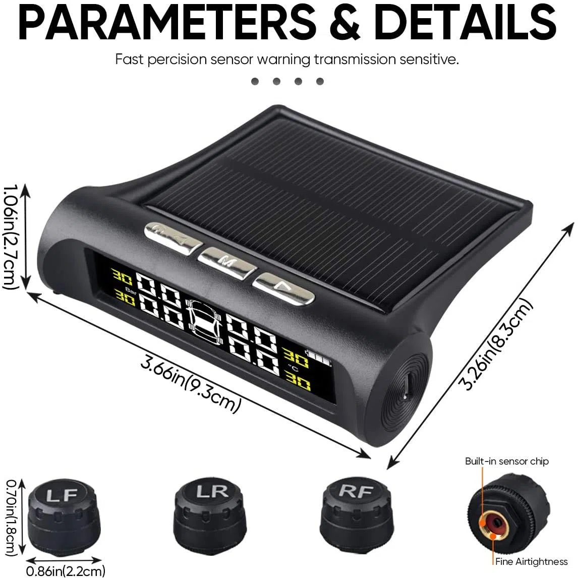 Sistema de Monitoreo de Presión de Neumáticos de Coche, 6 Modos de Alarma Inalámbrico Inteligente Monitor de Neumáticos con Carga Solar y USB, Alertas de Presión y Temperatura en Tiempo Real