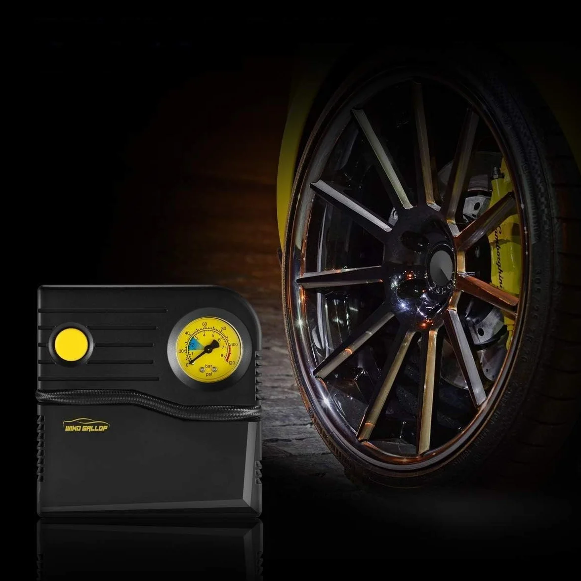 WindGallop Compresor Aire Portatil12v Inflador Ruedas Coche Hinchador Electrico Bicicleta Mini Compresor de Aire Portatil Bomba de Aire con Manómetro de Neumáticos y Adaptadores de Válvulas (Amarillo)