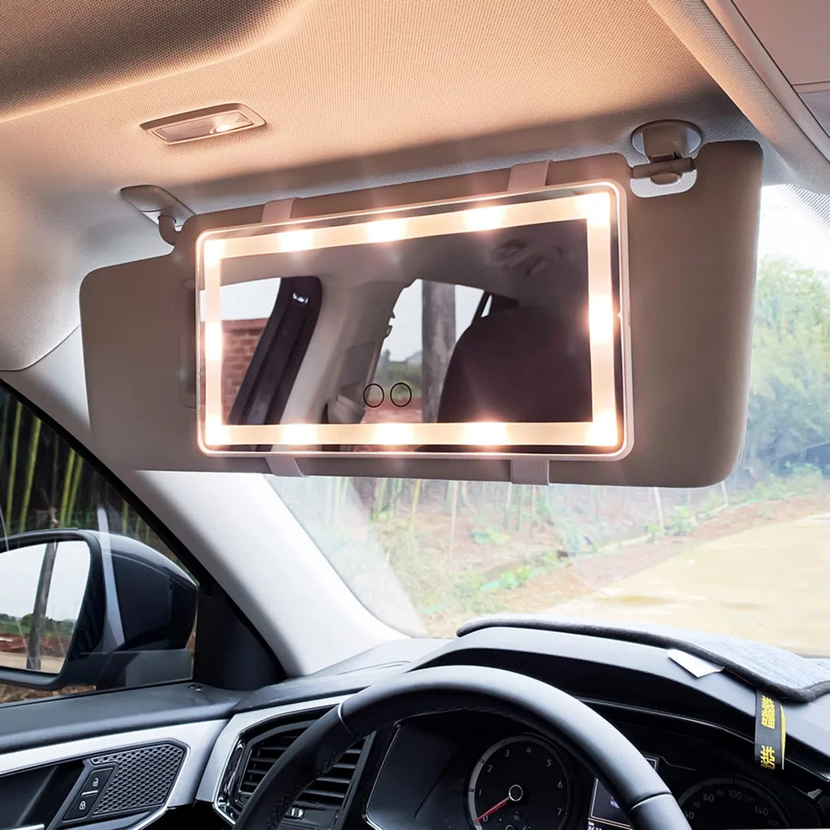 Feisate Espejo Coche LED, Espejo Maquillaje con Luz Coche, Recargable - Regulación Continua de Intensidad - Tres Modos de Brillo, Blanco