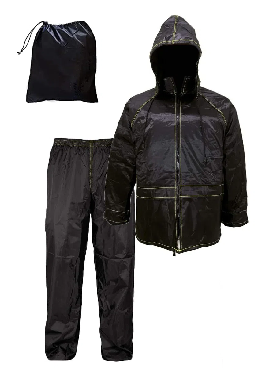 Susy Shop Traje de moto impermeable antilluvia y cortavientos | con bolsa | Negro | Conjunto chaqueta y pantalón - Capucha retráctil | Hombre Mujer | Scooter Bicicleta | Kit lluvia