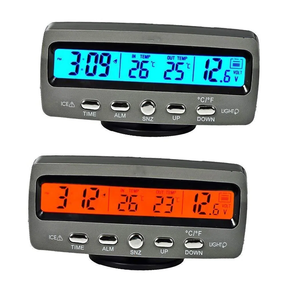 Riloer Termómetro Digital para Coche Voltímetro Reloj Monitor, Termómetro Multifuncional de Reloj Digital LCD para Coche, Naranja + Azul