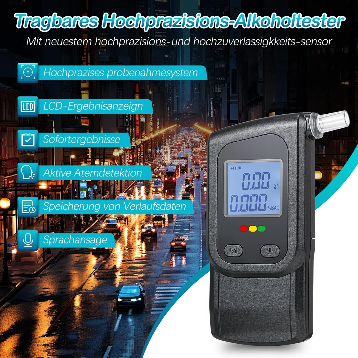 Alcoholimetro Homologado, Portatil Alcoholímetro de Alta Precisión con Pantalla LCD y 20 Boquillas, Test de Alcoholemia Profesiona, Reutilizable Probador de Alcohol para Uso Personal Hogar Sopl