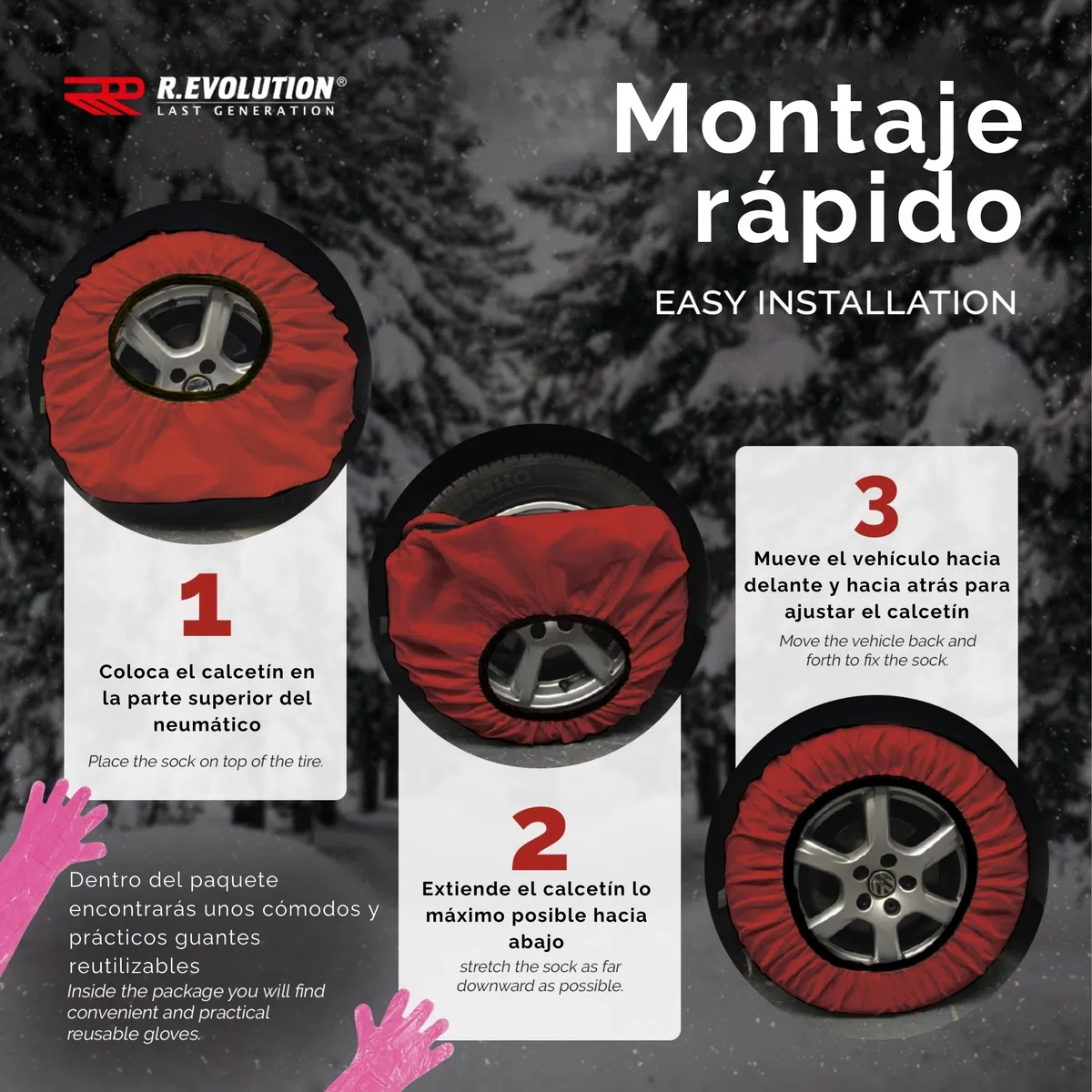 Calcetines de nieve homologados para Italia, R.Evolution Snow Socks, 2 calcetines de nieve, tallas S a XXL