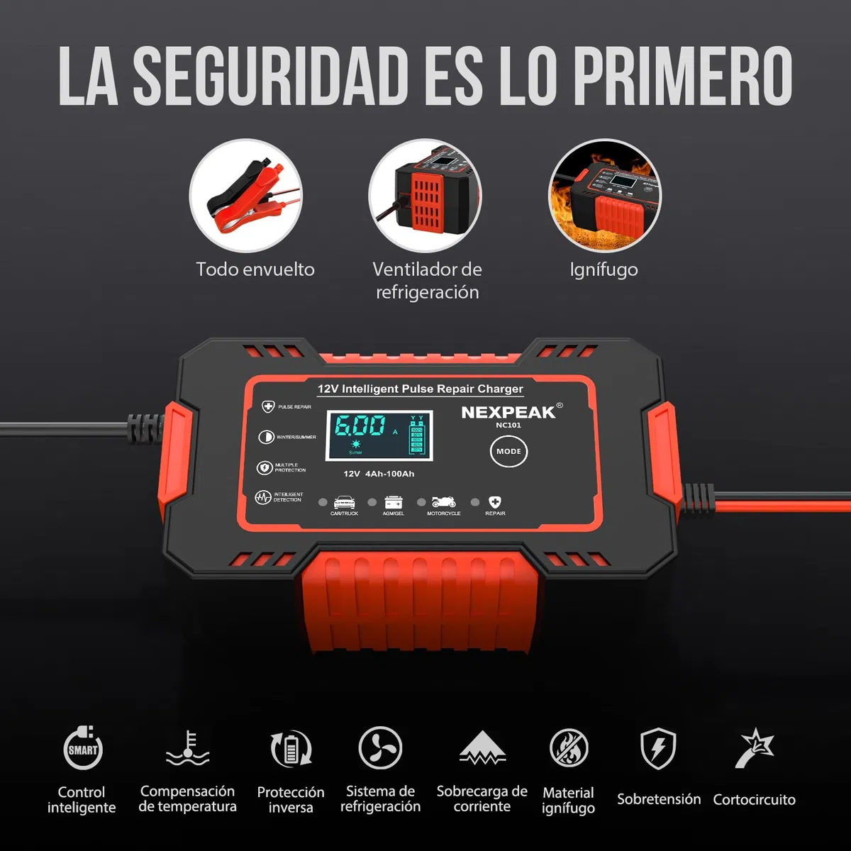 Cargador de Batería de Coche, NEXPEAK 6A 12V Cargador de baterias Coche y Moto Inteligente con Reparación y Pantalla LCD y Cargadors de batería para Auto,Moto, Camión, AGM, SLA, Gel