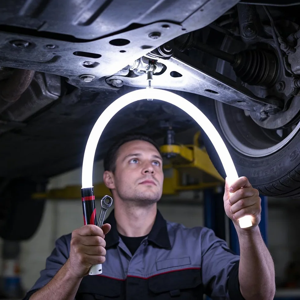 Linterna LED flexible recargable para mecánicos, base magnética plegable con lámpara de inspección fuerte